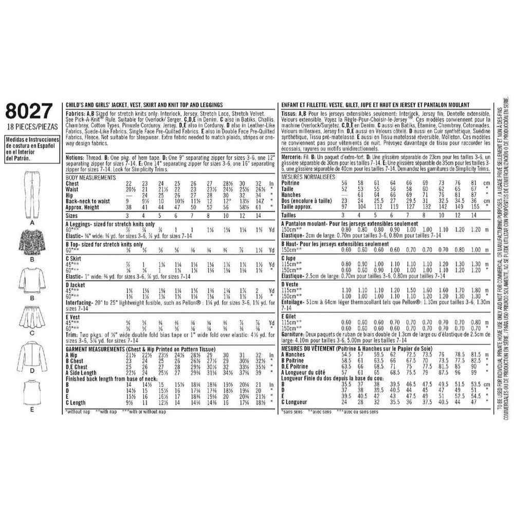 Simplicity Sewing Pattern 8027 Jacket‎ Tops Skirts Leggings Girls Size 7-14
